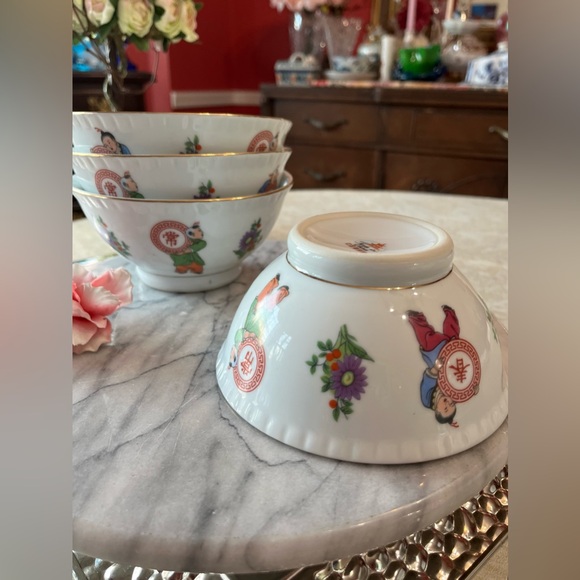 Set of 4 Vintage Jingdezhen Porcelain Bowls 5.5” -Lucky Boys \